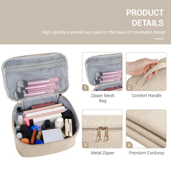 MAGEFY 3er Set Kosmetiktasche Kulturtasche Damen, Cord Make up Tasche mit Fächern Reise Make up Tasche für Frauen (Beige)