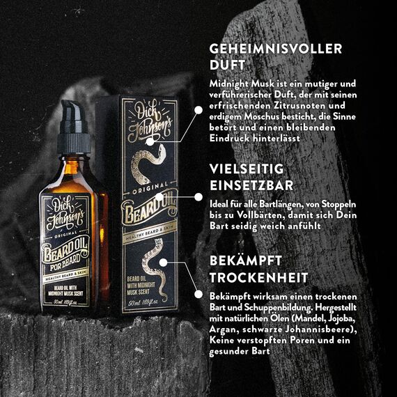 Dick Johnson Bartöl Midnight Musk Duft 50 ml – Bart Öl mit Arganöl, Jojobaöl und Mandelöl – Bartpflege für Männer zur täglichen Anwendung & Bartwachstum – Geschenk für Männer – Made in Finnland