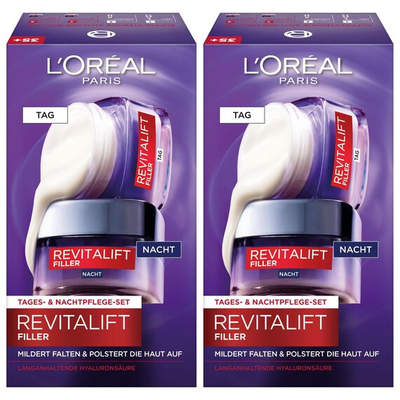 L'Oréal Paris Gesichtspflege Set, Anti-Aging Hyaluron Tagespflege und Nachtpflege gegen Falten, mit Micro-Filler Hyaluronsäure, Revitalift Filler, 2 x 50 ml (Packung mit 2)