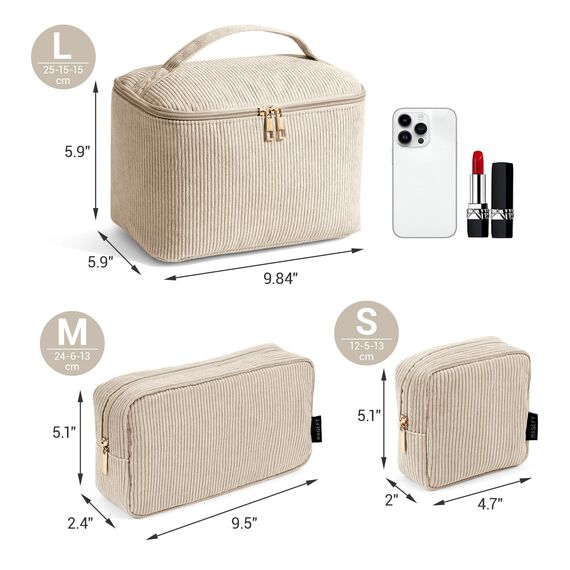 MAGEFY 3er Set Kosmetiktasche Kulturtasche Damen, Cord Make up Tasche mit Fächern Reise Make up Tasche für Frauen (Beige)