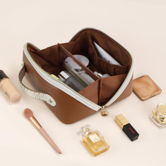 Prite Große Kapazität Kosmetiktasche Tragbare Reise Make Up Tasche wasserdichte PU-Leder Schminktasche oder Kulturbeutel mit Transparente Trenner und Griff (Dunkelbraun M)
