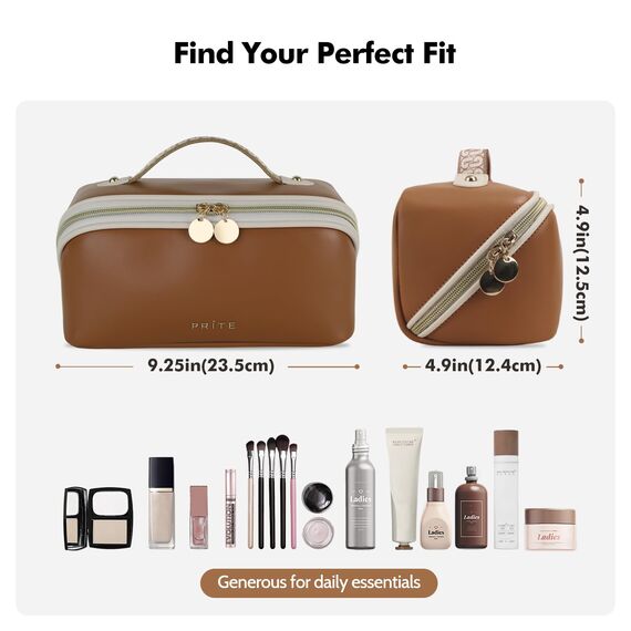 Prite Große Kapazität Kosmetiktasche Tragbare Reise Make Up Tasche wasserdichte PU-Leder Schminktasche oder Kulturbeutel mit Transparente Trenner und Griff (Dunkelbraun M)