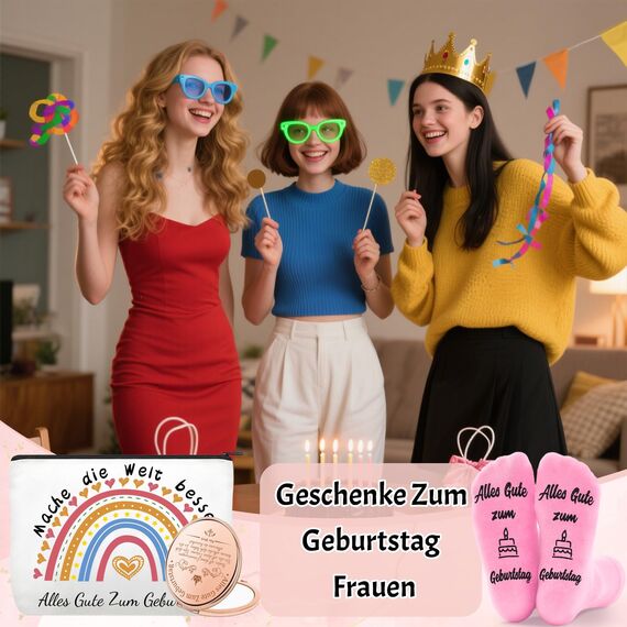 Shining She Geburtstagsgeschenk für Frauen Mädchen mit Kosmetiktasche Schlüsselanhänger Rosa Socken Kosmetikspiegel, Ohne Alter Geburtstag Geschenke für Mutter Tochter Schwester Freund