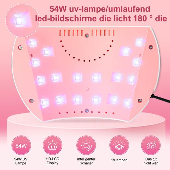 UV Lampe für Gelnägel,54W UV Lampe Nägel mit 3 Timer, LCD Display, Auto Sensor,Premium UV Lampe für Alle UV Gel Nagellack, Ideal für Anfänger und Profis, Perfektes Festivalgeschenk