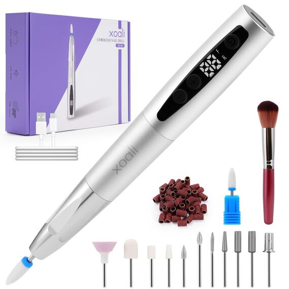 Xoali Nagelfräser Kabellos 35000 u/min，13 in 1 Elektrische Nagelfeile，Fräser für Gelnägel Professionell mit Batterie，Maniküre Pediküre set Elektrisch für Semi Permanent, Acrylnägel, Naturnägel(Silber)