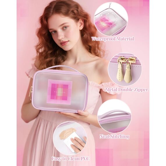 Vlando Matt-Transparente Rosé Kosmetiktasche Mädchen, Rosafarbene Reise Make Up Tasche für Frauen und Damen, wasserdichte Cosmetic Bag Organizer mit Reißverschluss, Tragbare Hautpflegetasche