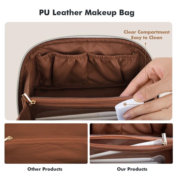 Prite Große Kapazität Kosmetiktasche Tragbare Reise Make Up Tasche wasserdichte PU-Leder Schminktasche oder Kulturbeutel mit Transparente Trenner und Griff (Dunkelbraun M)