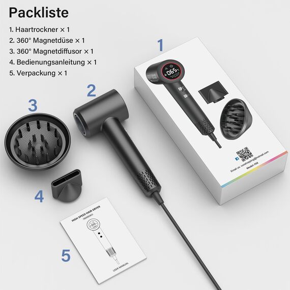Föhn mit Diffusor, Haartrockner, 400 Millionen Plasma Ionen Fön, 110000 U/min Bürstenloser Motor Schnelles Trocknen Haarföhn, 57dB Geräuscharm Hair Dryer, Haarfön für Reise, Zuhause