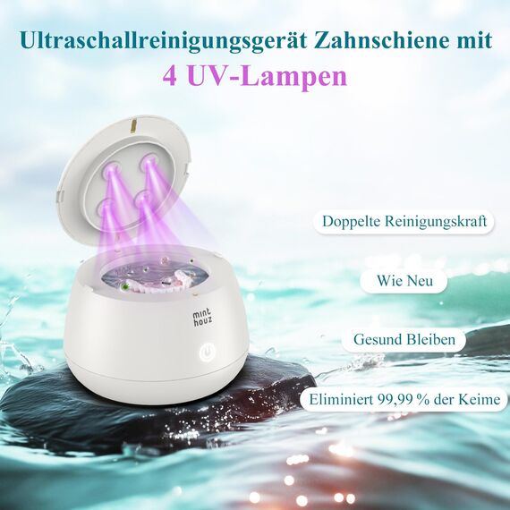 Minthouz Ultraschallreinigungsgerät 48kHz UV Ultraschallreiniger 24W Ultrasonic Cleaner 200ml Tragbar Dental Pod für Zahnschiene, Aligner, Zahnprothesen, Zahnbürstenköpfe, Retainer und Schmuck
