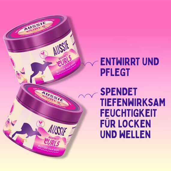 Aussie Bouncy Curls Butter Haarmaske 500ml zum Entwirren, Nähren und Tiefenpflegen von Wellen und Lockenhaar, mit Jojoba, Kokos und Australischen Macadamianussölen, Vegan und Tierversuchsfrei
