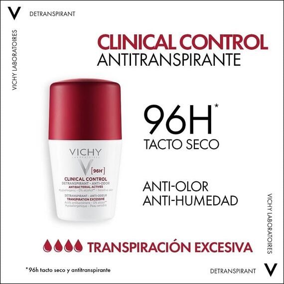 Vichy Clinical Control 96h Frauen, Deo-Roll-on für Frauen, Schweiß- und geruchshemmend, Antibakteriell, Alkoholfrei, Für empfindliche Haut, 50 ml (Packung mit 2)