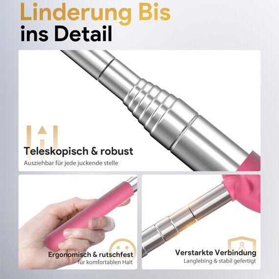 Rückenkratzer Ausziehbarer mit 5 abnehmbaren Kratzköpfen, verstärktem Griff aus Edelstahl, im Geschenkset – ideal für Männer, Väter und Frauen-Rosa