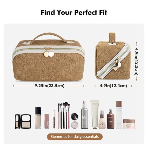 Prite Große Kapazität Kosmetiktasche Tragbare Reise Make Up Tasche wasserdichte PU-Leder Schminktasche oder Kulturbeutel mit Transparente Trenner und Griff (Braune Blume M)