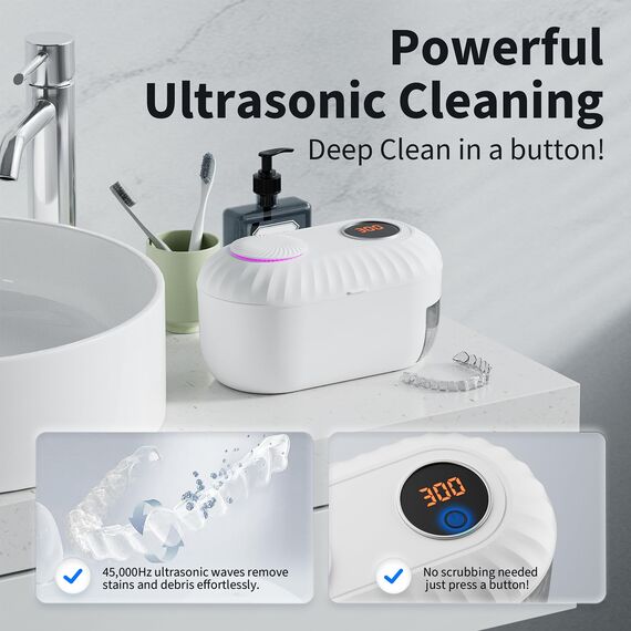 Feebee Ultraschallreinigungsgerät - 45000Hz UV Ultraschallreiniger für Zahnersatz, 200ML Tragbar Ultrasonic Cleaner Dental Pod für Zahnersatz, Retainer, Aligner, Prothesen, Zahnschiene, Schmuck