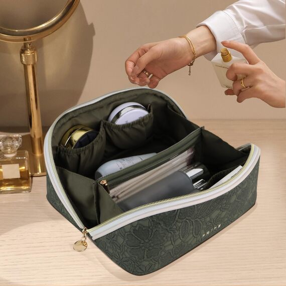 Prite Große Kapazität Kosmetiktasche Tragbare Reise Make Up Tasche wasserdichte PU-Leder Schminktasche oder Kulturbeutel mit Transparente Trenner und Griff (Grüne Blume M)