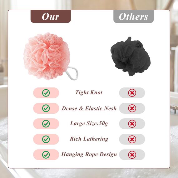 flintronic 4 Stück Badeschwamm, 60g Dusch-Luffa-Kugeln, Masche Schäumend Duschschwamm Körper, Extra Groß, Einfach Schäumend, für Reinigendes Körperpeeling&Peeling (Dunkelrosa + Grün + Blau + Gelb)