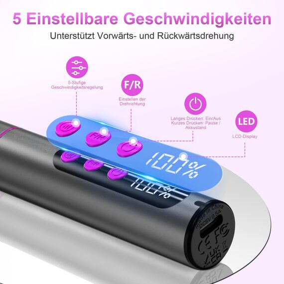 POFIBO Nagelfräser Kabellose Elektrische Nagelfeile - 35000 U/Min Nagelfräser für Gelnägel, 12 IN 1 Professionell Fräser für Nägel & Acrylnägel, Maniküre Pediküre Set mit 5 Geschwindigkeiten