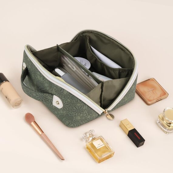 Prite Große Kapazität Kosmetiktasche Tragbare Reise Make Up Tasche wasserdichte PU-Leder Schminktasche oder Kulturbeutel mit Transparente Trenner und Griff (Grüne Blume M)