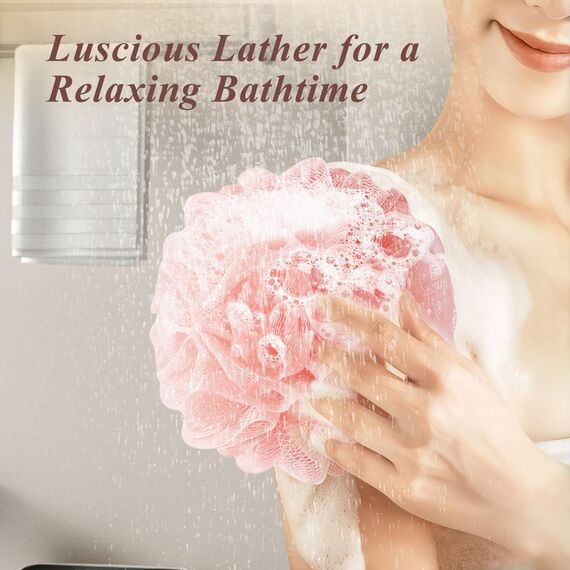 flintronic 4 Stück Badeschwamm, 60g Dusch-Luffa-Kugeln, Masche Schäumend Duschschwamm Körper, Einfach Schäumend, für Reinigendes Körperpeeling&Peeling (Lila + Dunkelrosa + Dunkelgrün + Beige)