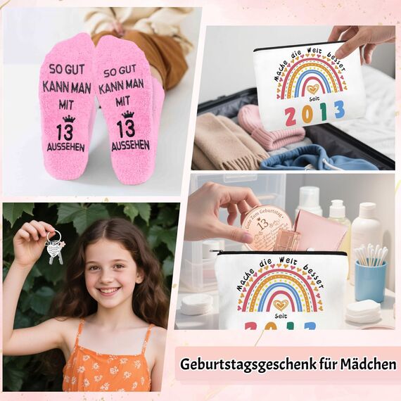 Shining She 13 Geburtstag Mädchen Geschenk Set, Geburtstag Geschenke für 13 Jährige Mädchen mit 2013 Kosmetiktasche, 13. Schlüsselanhänger, 13. Rosa Socken und Kosmetikspiegel Tochter Geschenk
