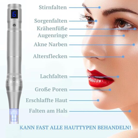 Elektrische Microneedling Pen mit 7 Farben Licht, DermaPen Einstellbar 0-2,5mm mit LCD Bildschirm und 6 Stufen, Mit Hyaluron Serum Hochdosiert (12 Patronen)