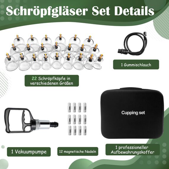 22 Stück Schröpfgläser mit Vakuumpumpe, Schröpfglas für Gesicht und Körper, Schröpfen zur Gegen Cellulite, Spannung und Entspannen Muskeln, Schröpfset mit Akupressurpunkt Magneten