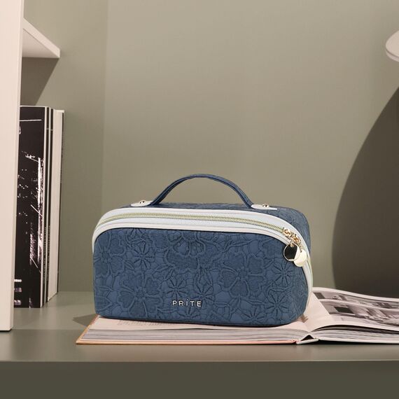 Prite Große Kapazität Kosmetiktasche Tragbare Reise Make Up Tasche wasserdichte PU-Leder Schminktasche oder Kulturbeutel mit Transparente Trenner und Griff (Blaue Blume M)