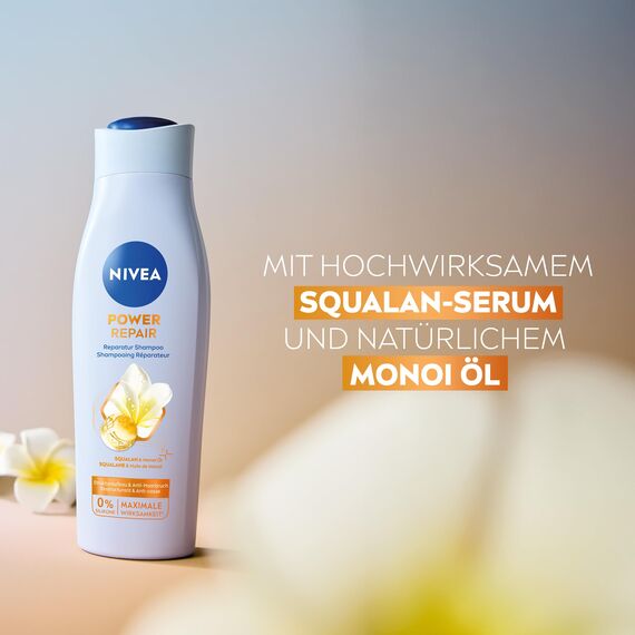 NIVEA Power Repair Reparatur Shampoo (250 ml), reparierendes Haarshampoo gegen Spliss mit Squalan Serum und Monoi-Öl, Pflegeshampoo für gesunde Haare und mehr Glanz