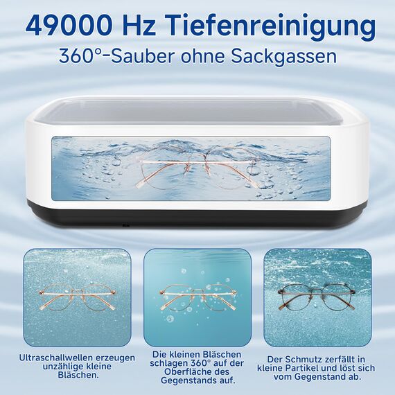 Ultraschallreinigungsgerät, 49000Hz Ultraschallreiniger, 650ml brillenreinigungsgerät mit 5 Zeitfunktionen, professionelles Ultrasonic Cleaner zum Reinigen von Brillen, Uhren, Ringen, Rasierklingen