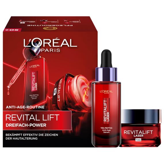 L'Oréal Paris Dreifach-Power Anti-Aging Set, Serum 30 ml und Tagescreme 50 ml, mit 3-fach Wirkung, gegen Falten, mit Pro-Retinol, Hyaluron und Vitamin C, Revitalift Laser, Amazon Exklusiv