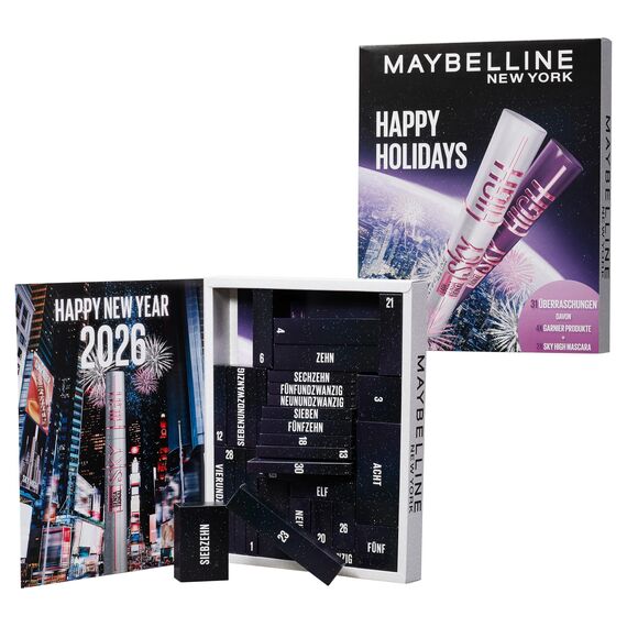 Maybelline New York Adventskalender 2025, Mit 31 Türchen für den gesamten Dezember, 26 Originalprodukten & 5 Goodies, inkl. 2 Sky High Mascara + 4 Garnier Skincare Produkten
