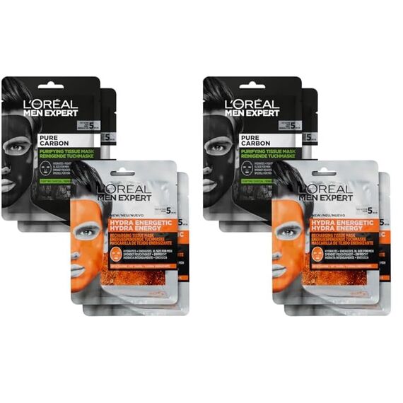 L'Oréal Men Expert Tuchmasken 4er Set für Männer, Feuchtigkeitsspendende Gesichtsmasken gegen Mitesser und Pickel Unreinheiten, Gesichtspflege Geschenkset für Herren, Hydra Energy Pure Carbon, 4 x 30g