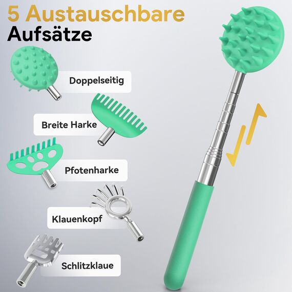 Rückenkratzer Ausziehbarer mit 5 abnehmbaren Kratzköpfen, Verstärktem Griff aus Edelstahl, im Geschenkset – ideal für Männer, Väter und Frauen (Türkis)