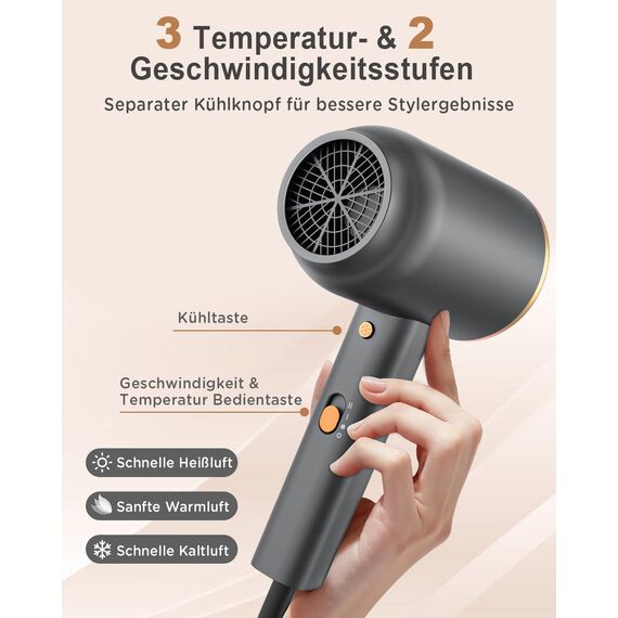 Ionen Föhn mit Diffusor-DEWILY 1800W Schnelltrocknen Fön mit Kalt/Heißtaste, Thermostatischer Diffusor Föhn, 3 Temperaturen, 2 Geschwindigkeiten, Haarfön mit Konzentrator, Schwarz und Gold