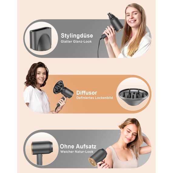 Ionen Föhn mit Diffusor-DEWILY 1800W Schnelltrocknen Fön mit Kalt/Heißtaste, Thermostatischer Diffusor Föhn, 3 Temperaturen, 2 Geschwindigkeiten, Haarfön mit Konzentrator, Schwarz und Gold