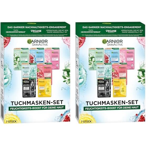 Garnier Tuchmasken Set für jeden Hauttyp, 7 Gesichtsmasken für trockene bis normale Haut, Vegane Formel mit Hyaluronsäure, Hydra Bomb und Nutri Bomb Maskenset, 7 x 28 g (Packung mit 2)