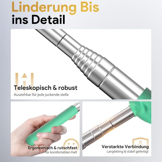 Rückenkratzer Ausziehbarer mit 5 abnehmbaren Kratzköpfen, Verstärktem Griff aus Edelstahl, im Geschenkset – ideal für Männer, Väter und Frauen (Türkis)