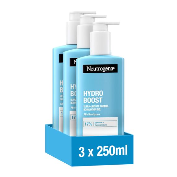Neutrogena Hydro Boost Bodylotion Gel(3x250ml), ultra-leichte Formel für geschmeidige Haut, feuchtigkeitsspendende Körperlotion mit 17% Glycerin + Hyaluronsäure, Körpercreme-Gel für alle Hauttypen