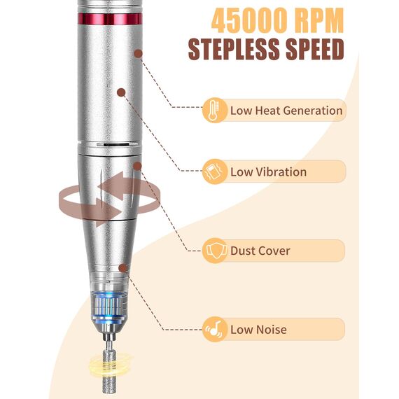 Kixolo Nagelfräser für Gelnägel, Nagelfräser Professionell 45000 U/Min, 6 in 1 Fräser Nägel Mit Pedalen und LED-Anzeige, Nail Drill Machine, Weiß