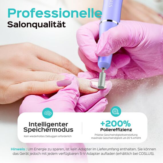 COSLUS Nagelfräser Kabellos Tragbar für Gelnägel: elektrische Nagelfeile stufenloser Geschwindigkeitsregelung für Maniküre Pediküre und Acrylnägel Plastik Nail Drill für Anfänger & Nagelstudio Zuhause