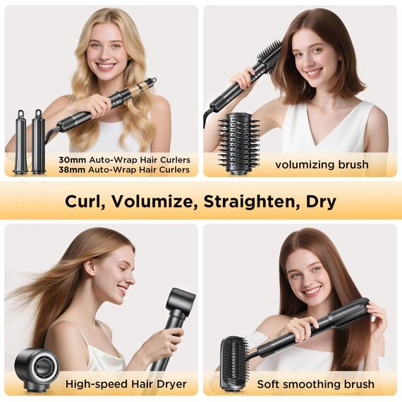 Uwithm Airstyler 5 in 1, 110000 U/min Ionen Föhn mit 2 Größe Lockenstab Automatisch, Volumenbürste, Haarglätter Bürste, Multifunktionaler Hairstyler zum Schnelltrocknend, Macht Haar Glatt und Glänzend