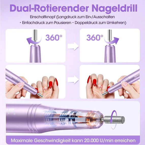 Vexloria Kabellos Tragbar Nagelfräser, 11 in 1 Professionell Elektrische Nagelfräser für Gelnägel und Acrylnägel, Verstellbare Geschwindigkei Fräser, Profi Maniküre und Pediküreset, Violett