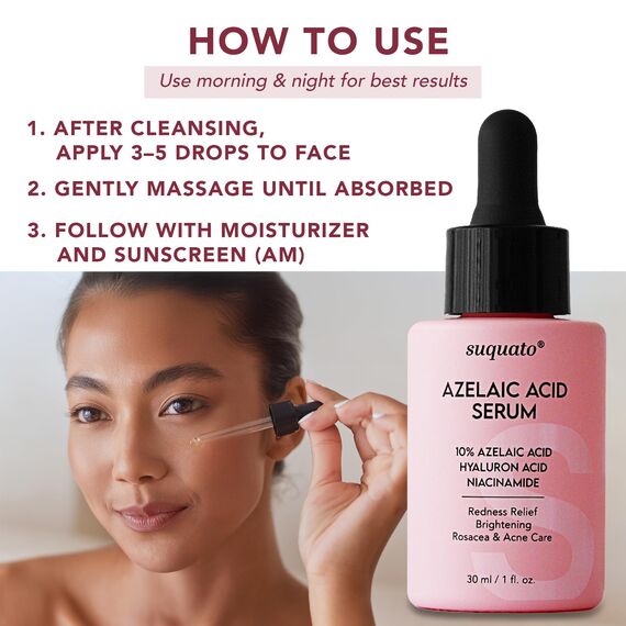 Suquato Azelainsäure Serum 10% – Azelaic Acid Gesichtspflege gegen Rosacea, Rötungen & Akne – Mit Niacinamid & Hyaluronsäure (30ml)