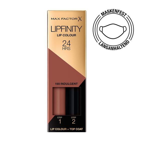 Max Factor Lipfinity Lip Colour Indulgent 190 – Kussechter Lippenstift mit 24h Halt ohne auszutrocknen, intensiver Farbabgabe & präzisem Applikator - mit intensiv pflegendem Gloss-Top Coat