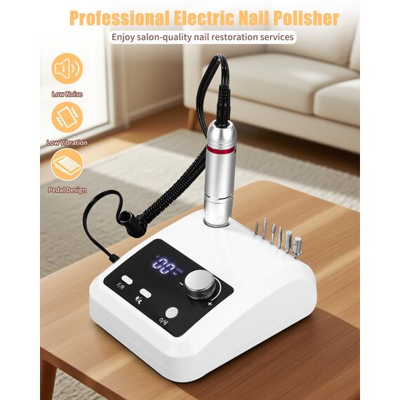 Kixolo Nagelfräser für Gelnägel, Nagelfräser Professionell 45000 U/Min, 6 in 1 Fräser Nägel Mit Pedalen und LED-Anzeige, Nail Drill Machine, Weiß