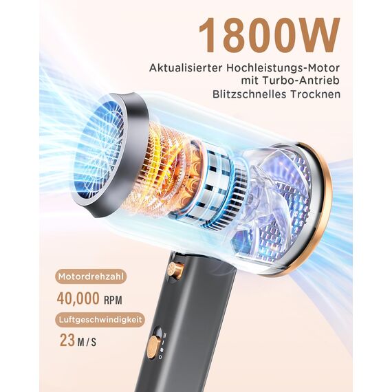 Ionen Föhn mit Diffusor-DEWILY 1800W Schnelltrocknen Fön mit Kalt/Heißtaste, Thermostatischer Diffusor Föhn, 3 Temperaturen, 2 Geschwindigkeiten, Haarfön mit Konzentrator, Schwarz und Gold