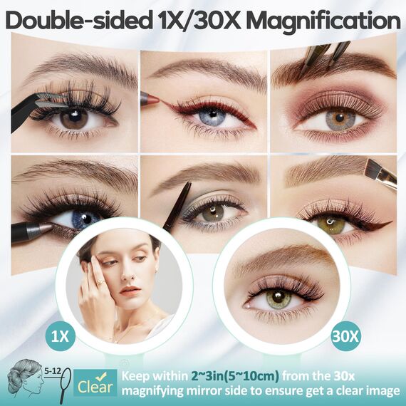Schminkspiegel mit Beleuchtung,Doppelseitiger1X/30X Vergrößerungsspiegel mit Licht, 2000mAh 3 Farben Beleuchtungsmodi, Einstellbare Helligkeit, Faltbarer Kompakter Makeup Spiegel Reisegröße