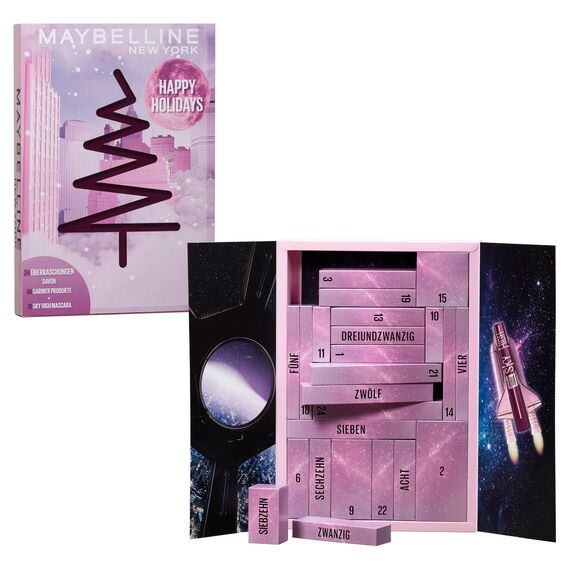 Maybelline New York Adventskalender, Mit 24 spannenden Türchen für Beauty-Liebhaberinnen, 21 Originalprodukte & 3 Goodies, inkl. Sky High Mascara & 4 Garnier Skincare Highlights