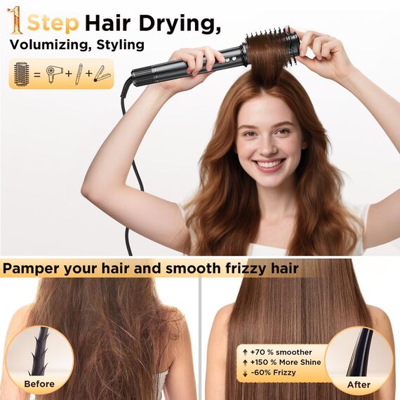 Uwithm Airstyler 5 in 1, 110000 U/min Ionen Föhn mit 2 Größe Lockenstab Automatisch, Volumenbürste, Haarglätter Bürste, Multifunktionaler Hairstyler zum Schnelltrocknend, Macht Haar Glatt und Glänzend