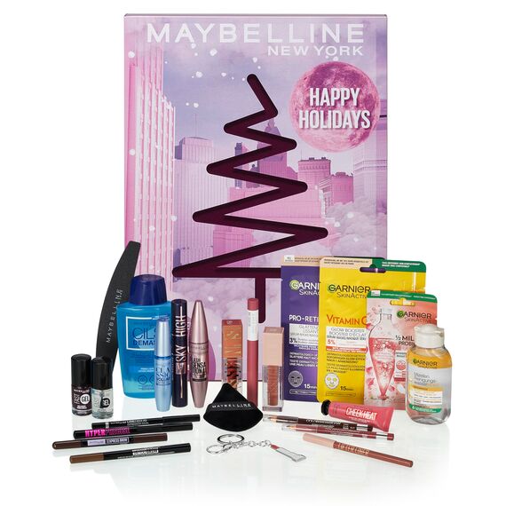 Maybelline New York Adventskalender, Mit 24 spannenden Türchen für Beauty-Liebhaberinnen, 21 Originalprodukte & 3 Goodies, inkl. Sky High Mascara & 4 Garnier Skincare Highlights